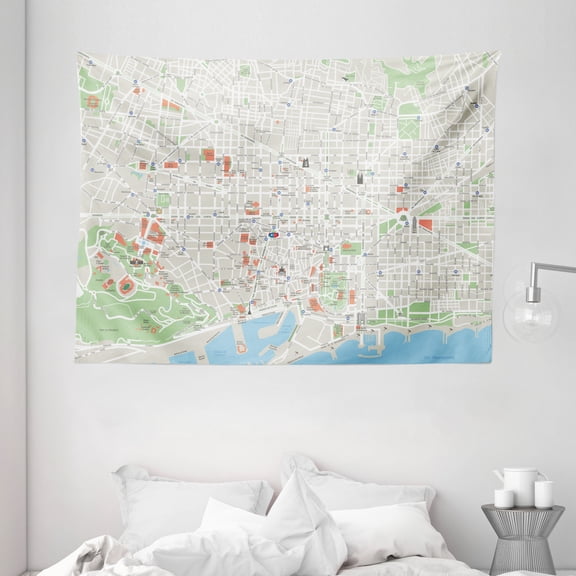 Map Tapestry, Map of Barcelona City Streets Parks Subdistricts Points of Interests, Wall Hanging for Bedroom Living Room Dorm Decor, 80W X 60L Inches, Beige Lime Green Pale Blue, by Ambesonne