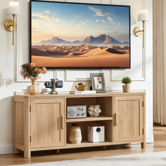 Buildhom 55" Farmhouse TV Stand with 2 Doors & Adjustable Shelves, for TVs up to 65", Living Room, Natural