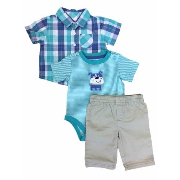 Infant Boys Baby Outfit Blue Plaid Shirt Khaki Pants & Puppy Dog Bodysuit
