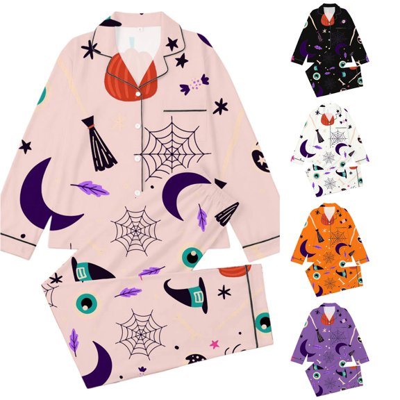 Afdoent Girls Pajamas Set Halloween Print Sleepwear Soft Long Sleeve Button-Down Sleepwear Nightwear 2Pcs Pajama Sets Loungewear Comfortable For Kids Holiday 11-12 Years