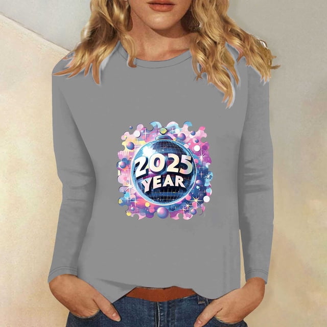 Styesk Chemises à Manches Longues pour Femmes Nouvel An T-shirt Décontracté Imprimé Col Rond Manches Longues