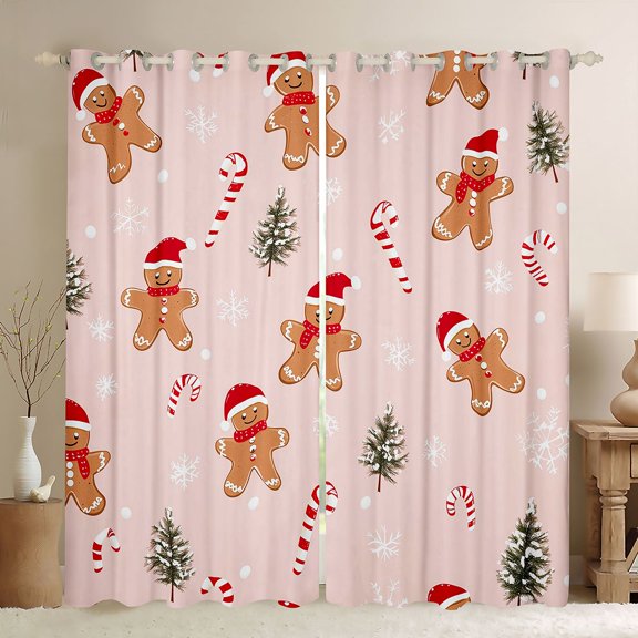 Homewish Cartoon Gingerbread Man Curtains Pack of 2 (42x84 Each),Red Christmas Hat Curtains Blackout,Happy New Year Bedroom Curtains For Boys Kids,Super Cozy Room Decor