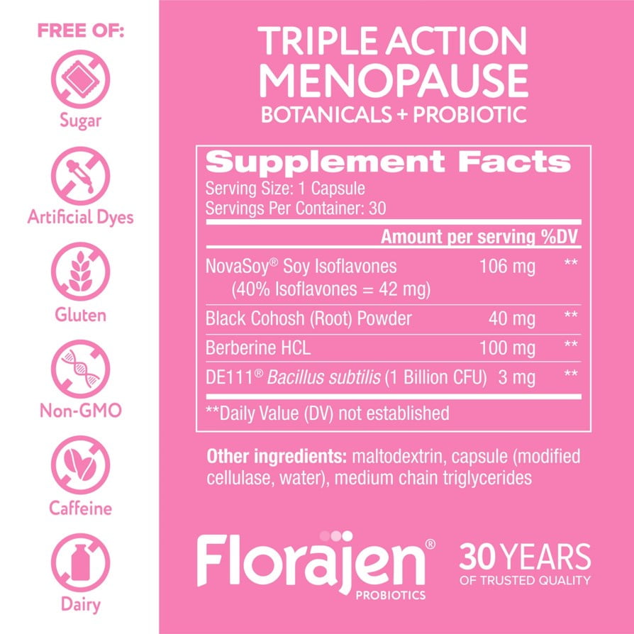 (2 pack) Florajen Women’s Menopause Support, Black Cohosh for Night Sweats & Gut Health, 30ct