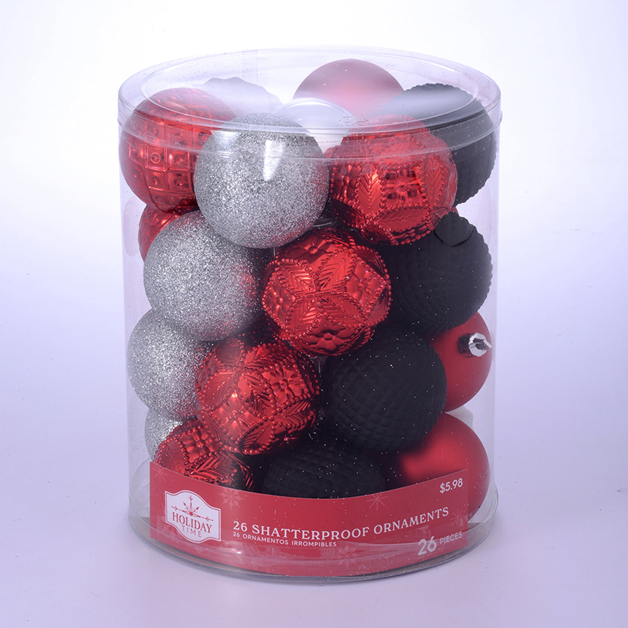 Holiday Time Red/Silver/White/Black Christmas Shatterproof Ornaments, 26 Count