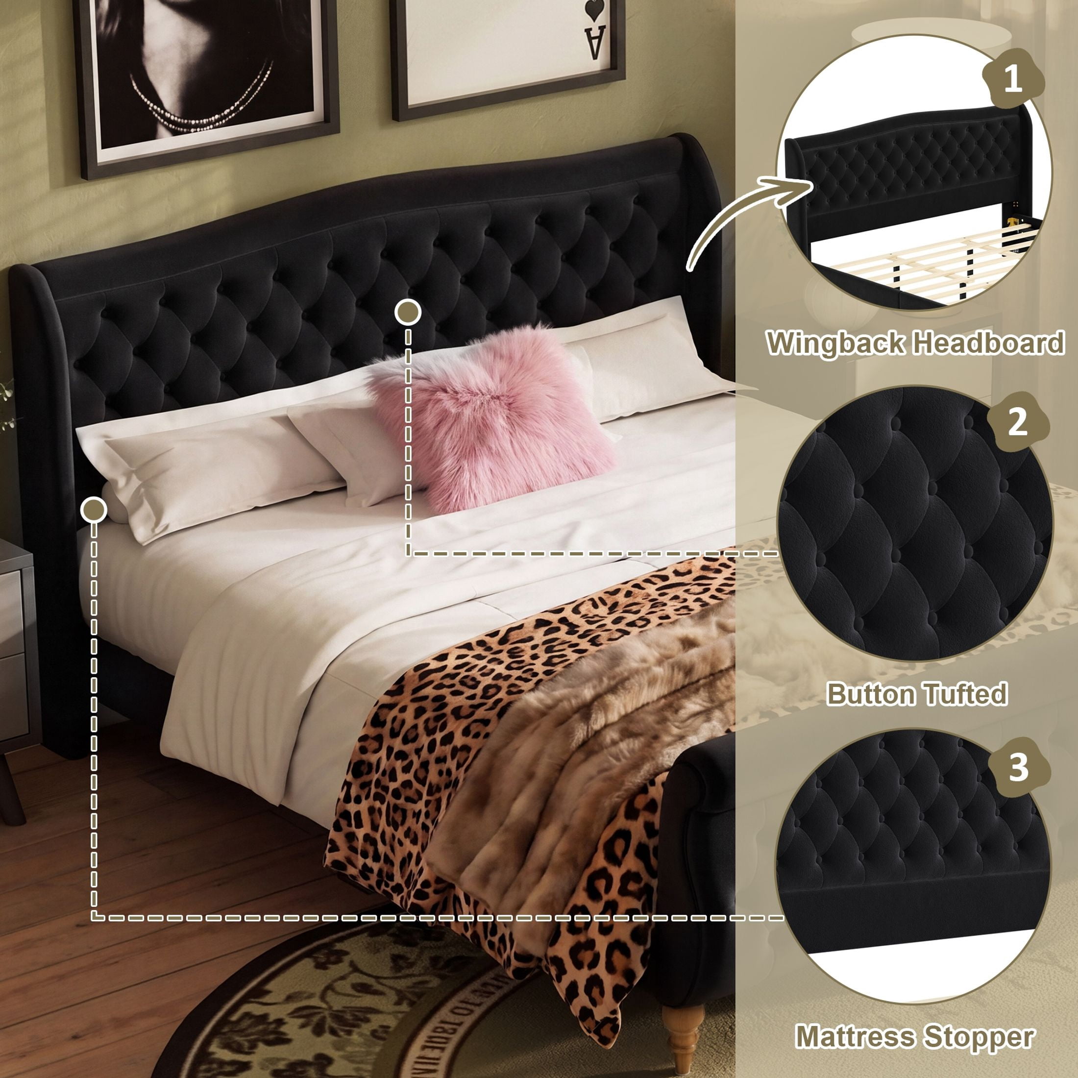 GDF Studio Orlan King Size Velvet Upholstered Sleigh Platform Bed Frame with Wood Slat Support, Modern Design, Black