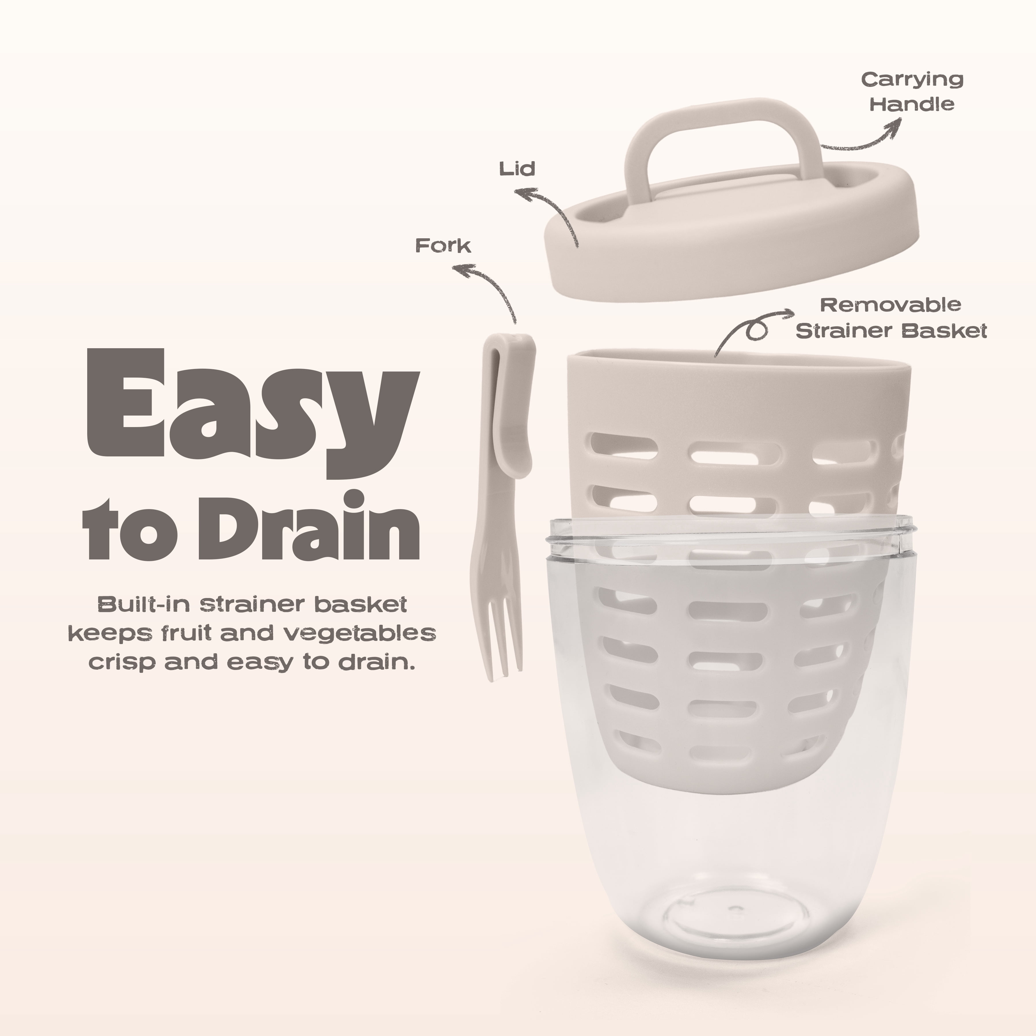 Cook with Color Berry Cup with Removable Colander and Fork, BPA-Free, Dishwasher Safe, Taupe