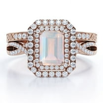 JeenMata 1.5 carat Emerald Cut Real Moonstone and Moissanite - Infinity Duo Halo - Art Deco Filigree Wedding Ring Set - 18K Rose Gold Plating over Silver