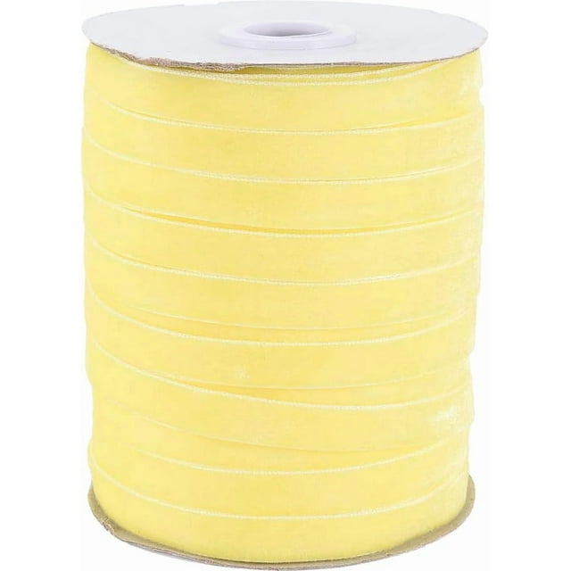 Cinta de terciopelo fina de 50 yardas y 3/8 de pulgada, color amarillo claro, vintage, lisa, suave, de una sola cara, rollo a granel con carrete