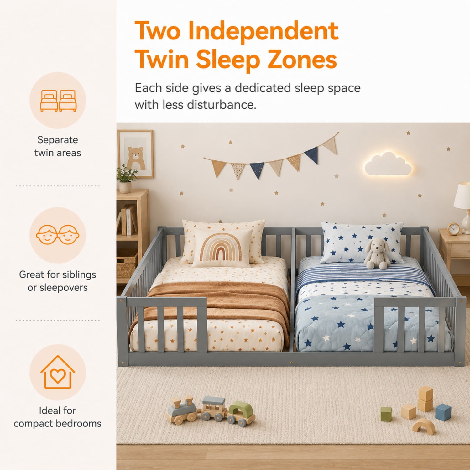 Miniyam Double Twin Floor Bed for Kids, Wood Bed Frame with Guardrails, Low Profile Design, Gray