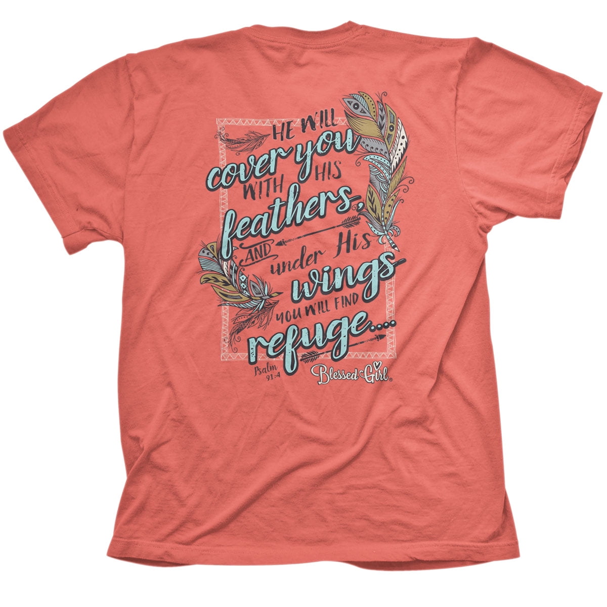 Blessed Girl Adult Christian TShirt Feathers Coral Silk