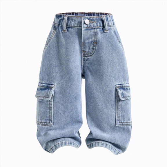 Linfrsh Toddler Boys Cargo Straight Wide Leg Denim Pants Elastic Waist Baggy Jeans for Kidthes, 9-10 Years