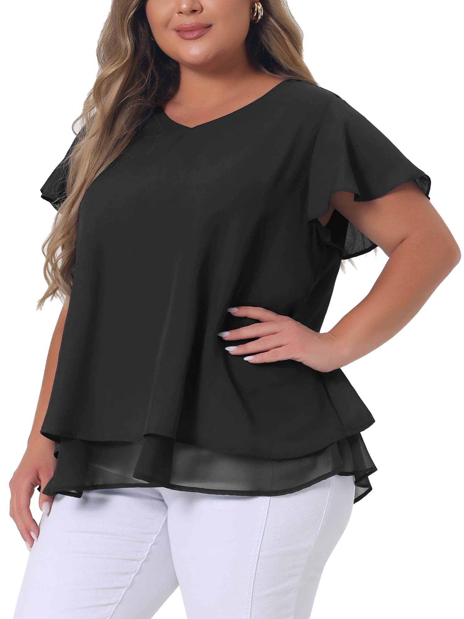 DARING DIVA Women's Plus Size Ruffle Short Sleeve V Neck Chiffon Blouse 5X Black