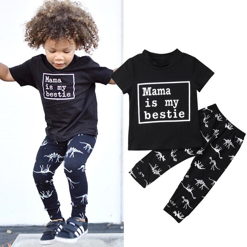 Fashion Baby Short Sleeve "Mama is my bestie" Top and Pants Outfits Set 