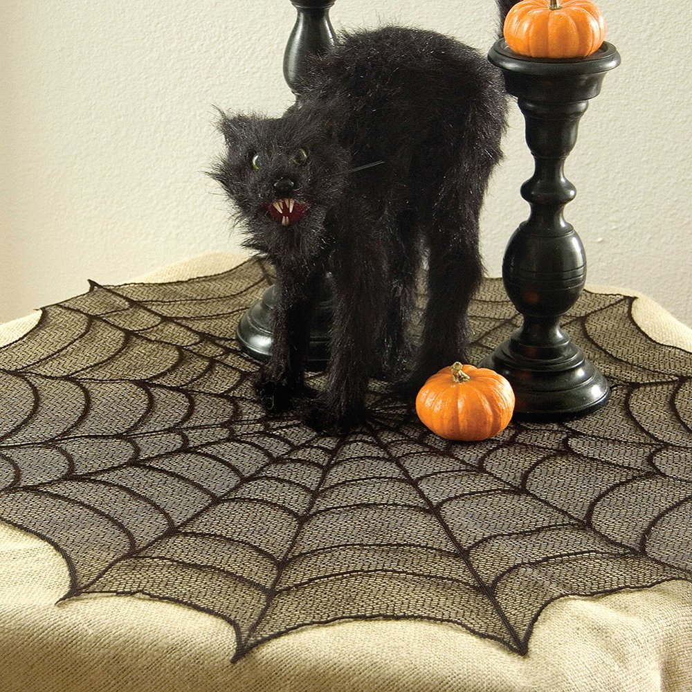 Nappe Halloween / Chemin De Table Toile D'Araignée Noir - Polyester, Motif Dentelle Et Chauves-souris - Décoration Fête Effrayante