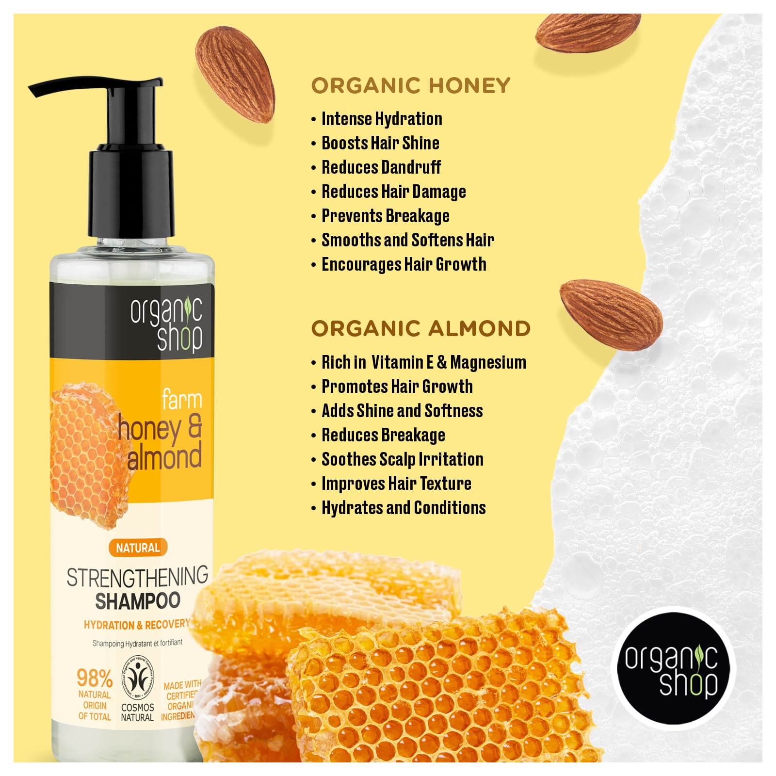Organic Shop Raw Honey & Almond – High Strengthening Shampoo + Conditioner & Hair Mask Deep Repairing - 100% Vegan & Organic, Rich In Vitamins & Minerals, Silky Hydration & Nourishing. 9.5 Fl Oz