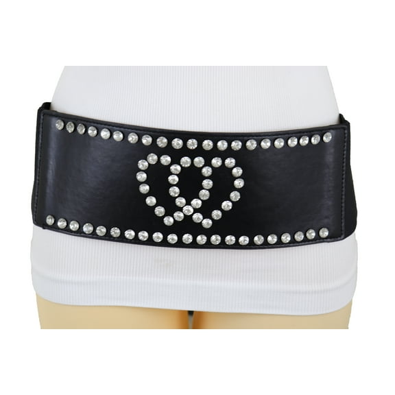 Women Black Elastic Wide Fashion Belt Silver Heart Love S M