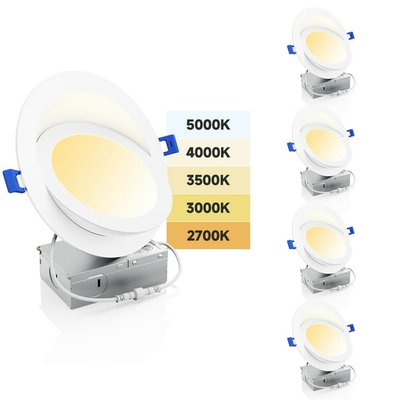 Ensenior 4 Pack 6 inch 5CCT Gimbal LED Recessed Lighting with Junction Box, 360° 90° Adjustable Directional Eyeball Light, Dimmable, 2700K/3000K/3500K/4000K/5000K Selectable, 1300LM, 13W=115W-FCC