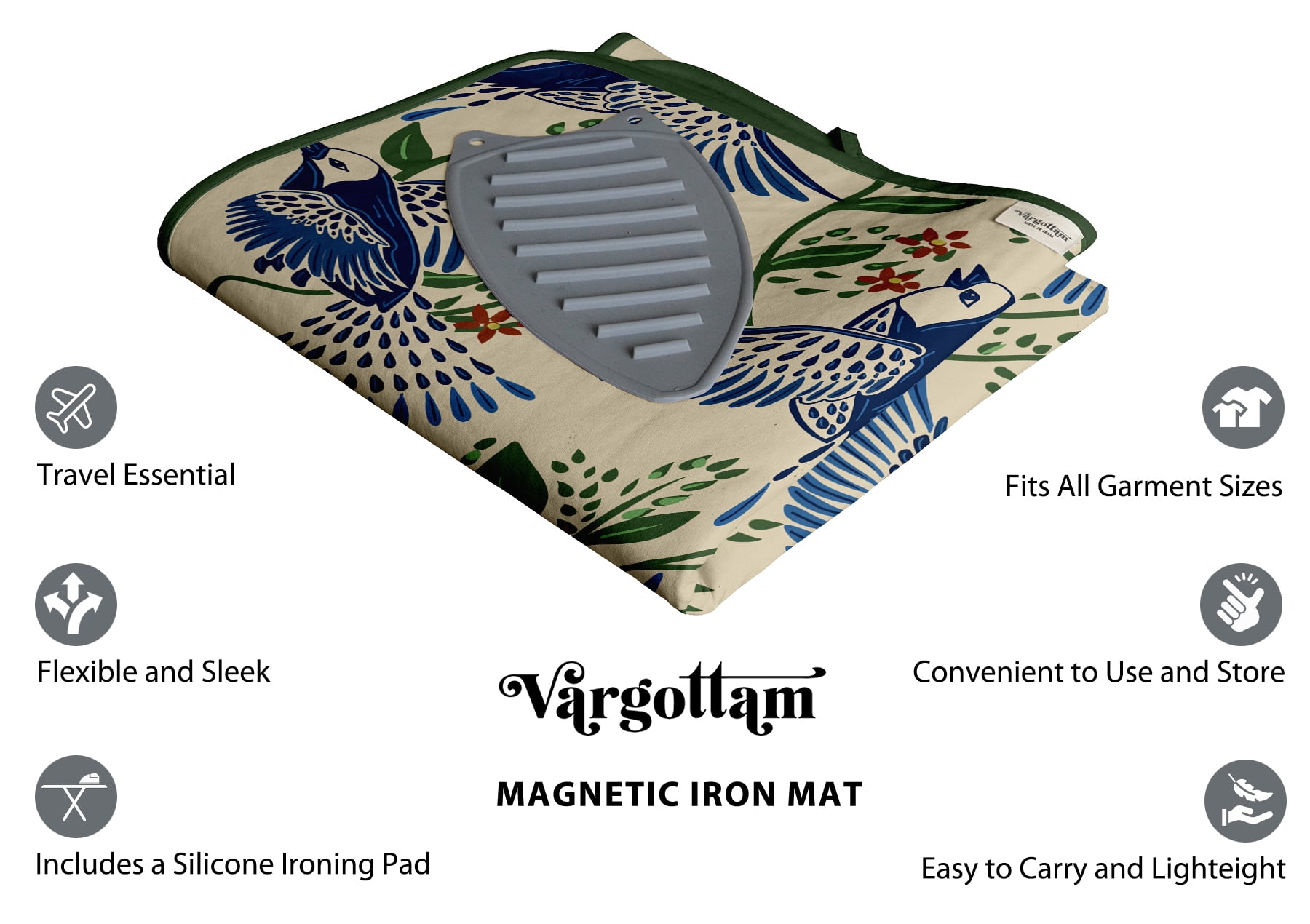 Vargottam Portable Ironing Mat - 28"x48" Foldable Cotton Ironing Pad with Silicone Rest & Magnetic Corners - Travel-Friendly, Space-Saving Iron Board Alternative for Small Homes, Dorms, RVs - Bird