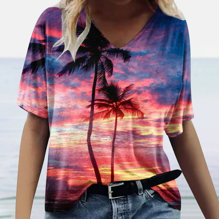 Zqgjb Women Casual Summer Tropical Pattern T-shirts Trendy Palm Tree Sunset Graphic Short Sleeve V Neck Tee Shirts Loose Relaxed Fit Oversized Tunic
