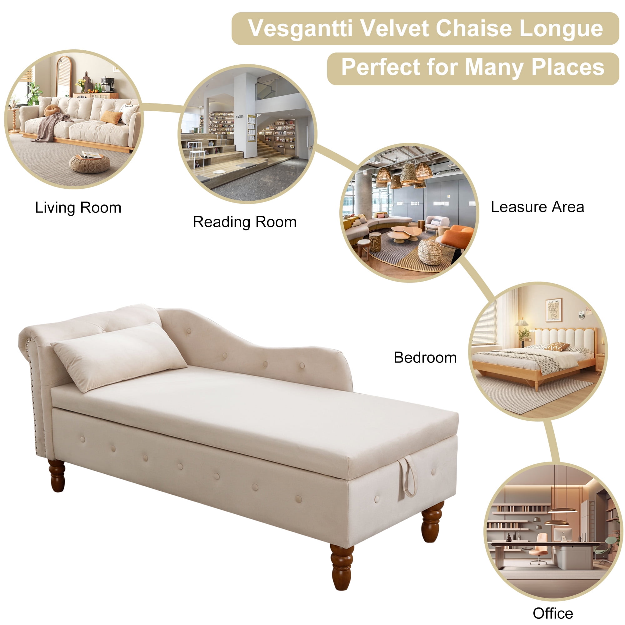 Aukfa Storage Chaise Lounge Chair Indoor Recliner Lounge Chair for Living Room Bedroom,Pillow - Beige