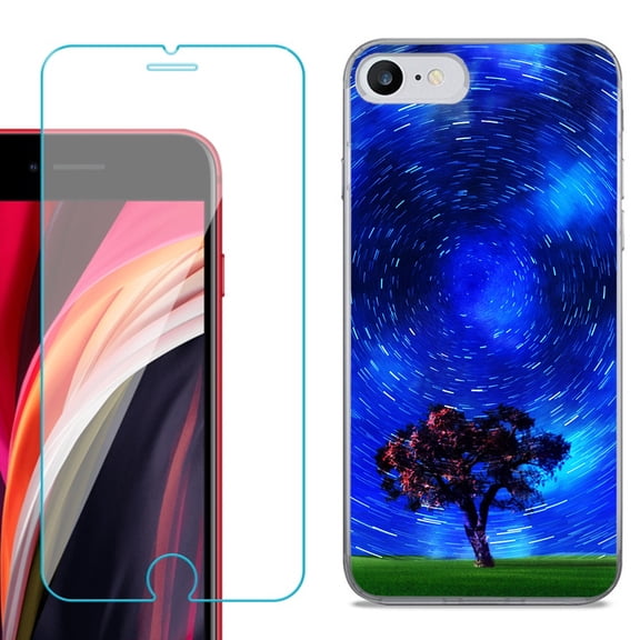 Slim-Fit Fashion Gel Phone Case for iPhone SE 2022, with Tempered Glass Screen Protector, by OneToughShield ® - Star Trails Tree