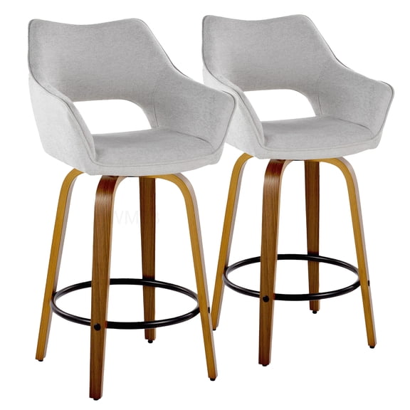Grey Fabric Swivel Bar Stools with Walnut Legs and Metal Footrest, 2-Pack