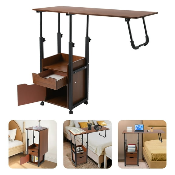 Desk with Wheels, Movable Bedside Table with Plastic Drawers, Height Adjustable Over Bed Desk for Laptop