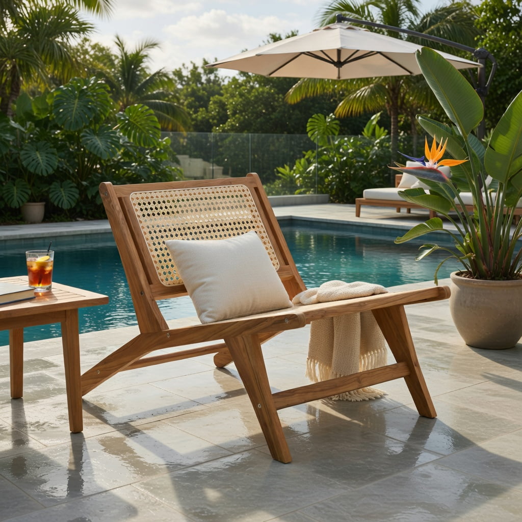Hommoo Teak Wood Dining Chair with Handwoven Rattan Seat & Backrest, Indoor Accent Chair for Living Room, Kitchen & Bedroom, Natural