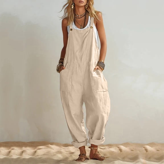 Mifsaly Womens Overalls Jumpsuit Sleeveless Wide Leg Harem Pants Lightweight Flowy Oversized Linen Jumpsuits Summer Casual Vacation Outfits with Pockets