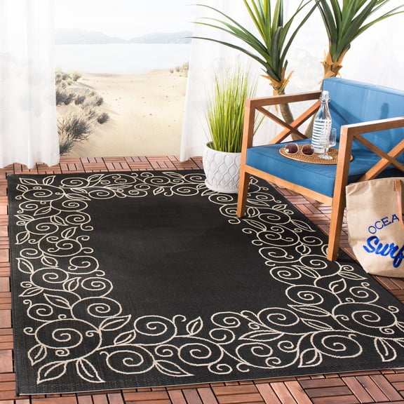 SAFAVIEH Courtyard Chole Bordered Indoor/Outdoor Area Rug, Black/Beige, 4' x 5'7"