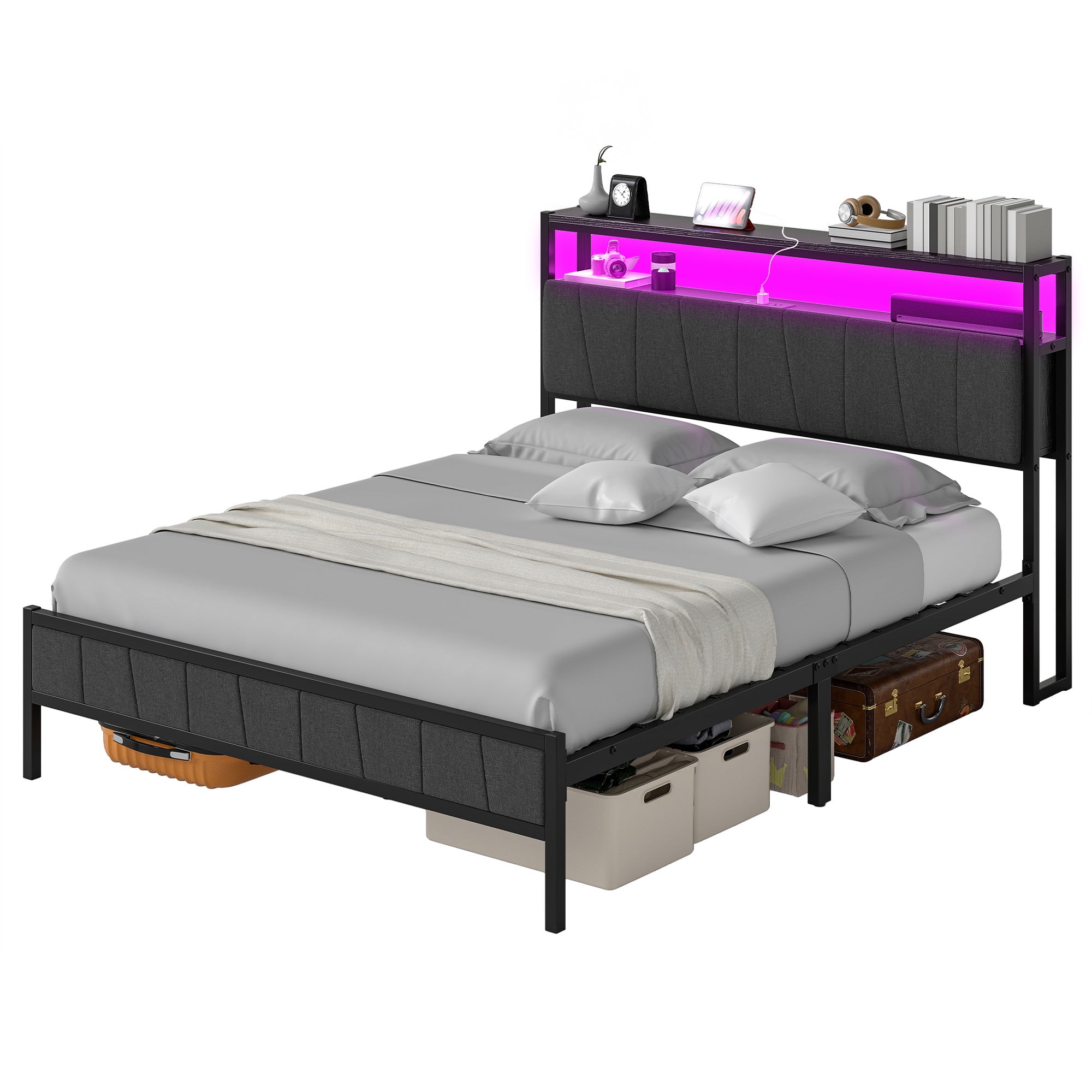 Uforic Queen Bed Frame with LED Lights, Power Hub, and Storage Headboard, No Box Spring Needed, Gray