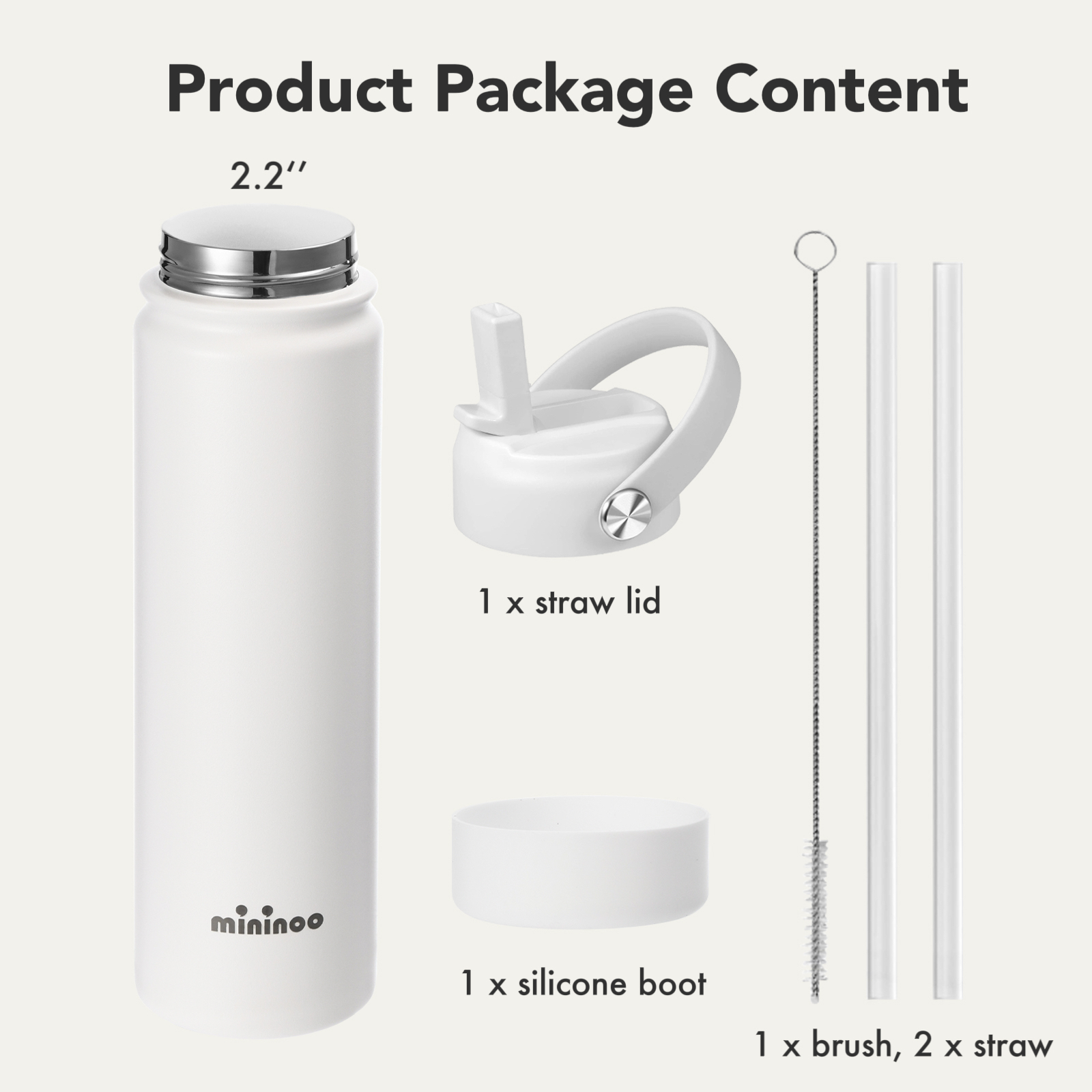 Mininoo 24 oz Insulated Stainless Steel Water Bottle with Straw Lid, Ceramic-Lined, BPA-Free, White