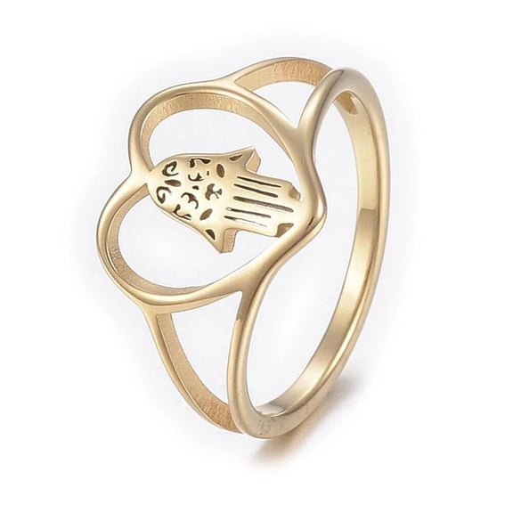 Gold Stainless Steel Ring Wide Band Ring Hollow Heart Hamsa Fatima Statement Size 9 Z728