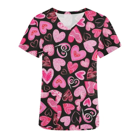 

CYMMPU Women s V-Neck Scrub Tops Clearance Colored Love Heart Printing Valentine s Day Clothes for 2023 Short Sleeve Shirts for Women Workwear Nurse Uniform Comfy Trendy Hot Pink M
