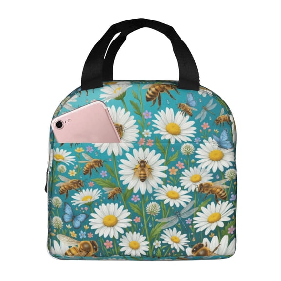 Daisy Insulated Lunch Bag Reusable Lunch Box For Women Men Floral Bee Pattern Leakproof Thermal Meal Prep Tote With Front Pocket For Work Office Picnic