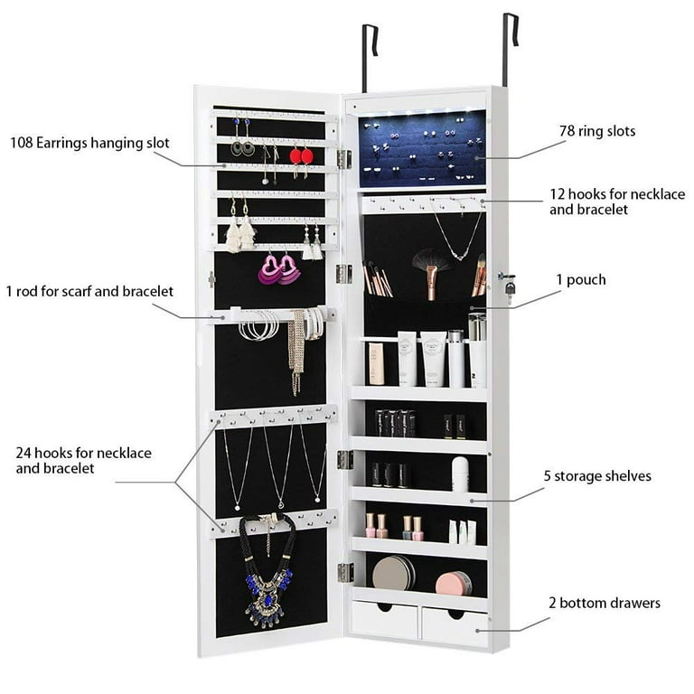 NEX LED Door Mounted Jewelry Armoire with Mirror 2 Drawers White Walmart