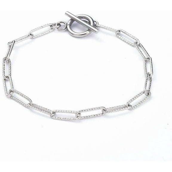 Tarnish Resistant 304 Stainless Steel Textured Paperclip Chain Bracelets with Toggle Clasps Stainless Steel Color 7-5/8 inch(19.5cm)