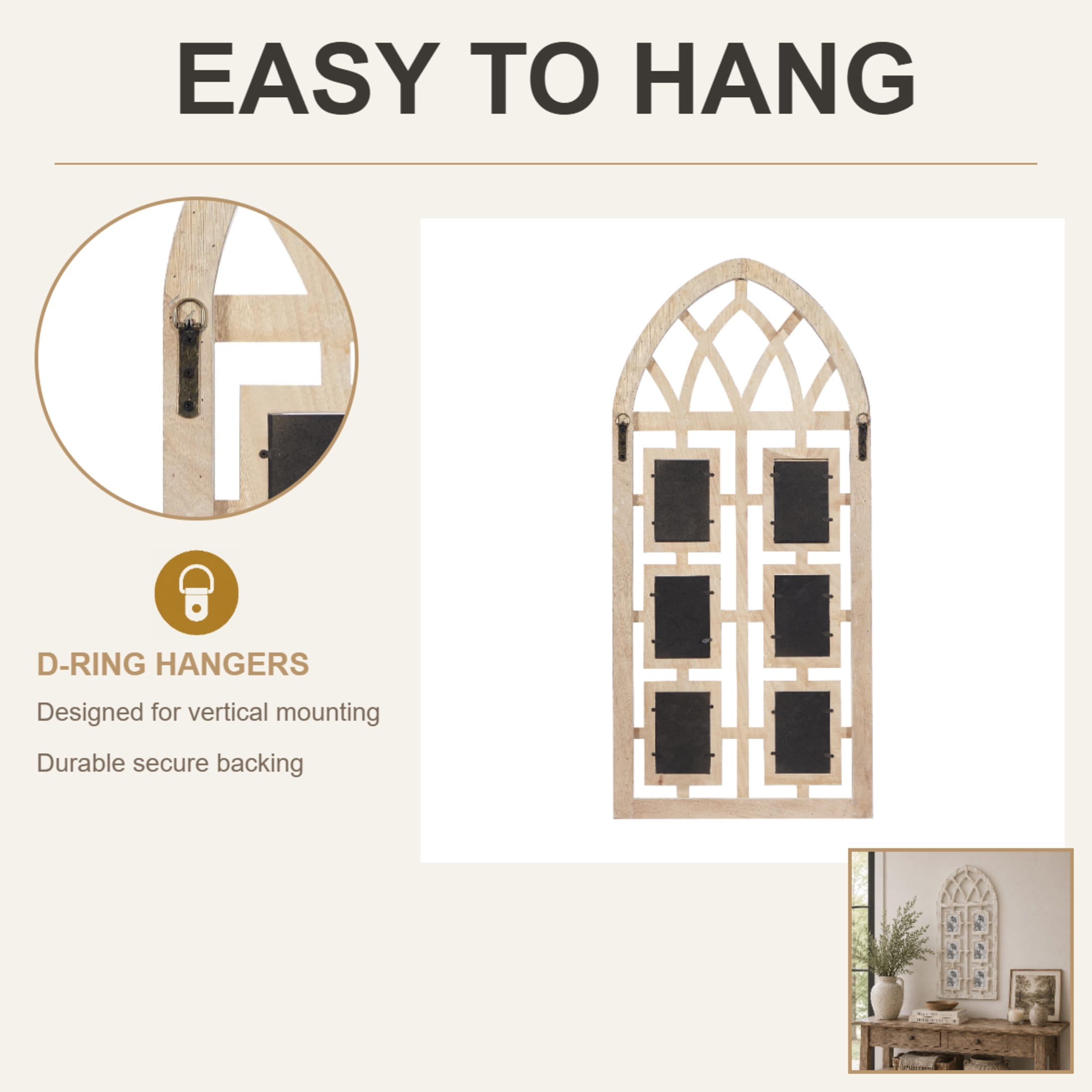 DecMode Vintage Wood Window Arch Shape 6 Slot Wall Photo Frame with Light Brown/White Finish, 19"W x 41"H