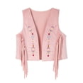 thumbnail image 2 of Coerni Girls Faux Suede Fringe Vest Retro Boho Floral Embroidery Open Front Cowgirl Waistcoat Teen Cute Tassels Outerwear Halloween Carnival Party, 2 of 8