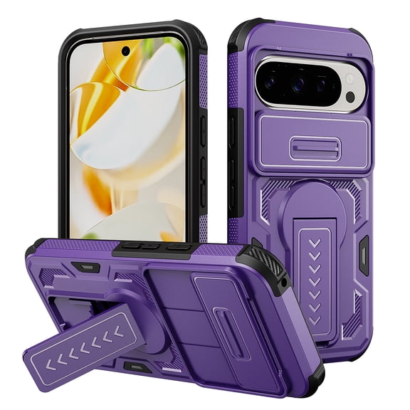 ELEHOLD Case for Google Pixel 10 Pro XL, Shockproof Protection Phone Case with Sliding Camera Cover, Anti-Slip Texture,Purple