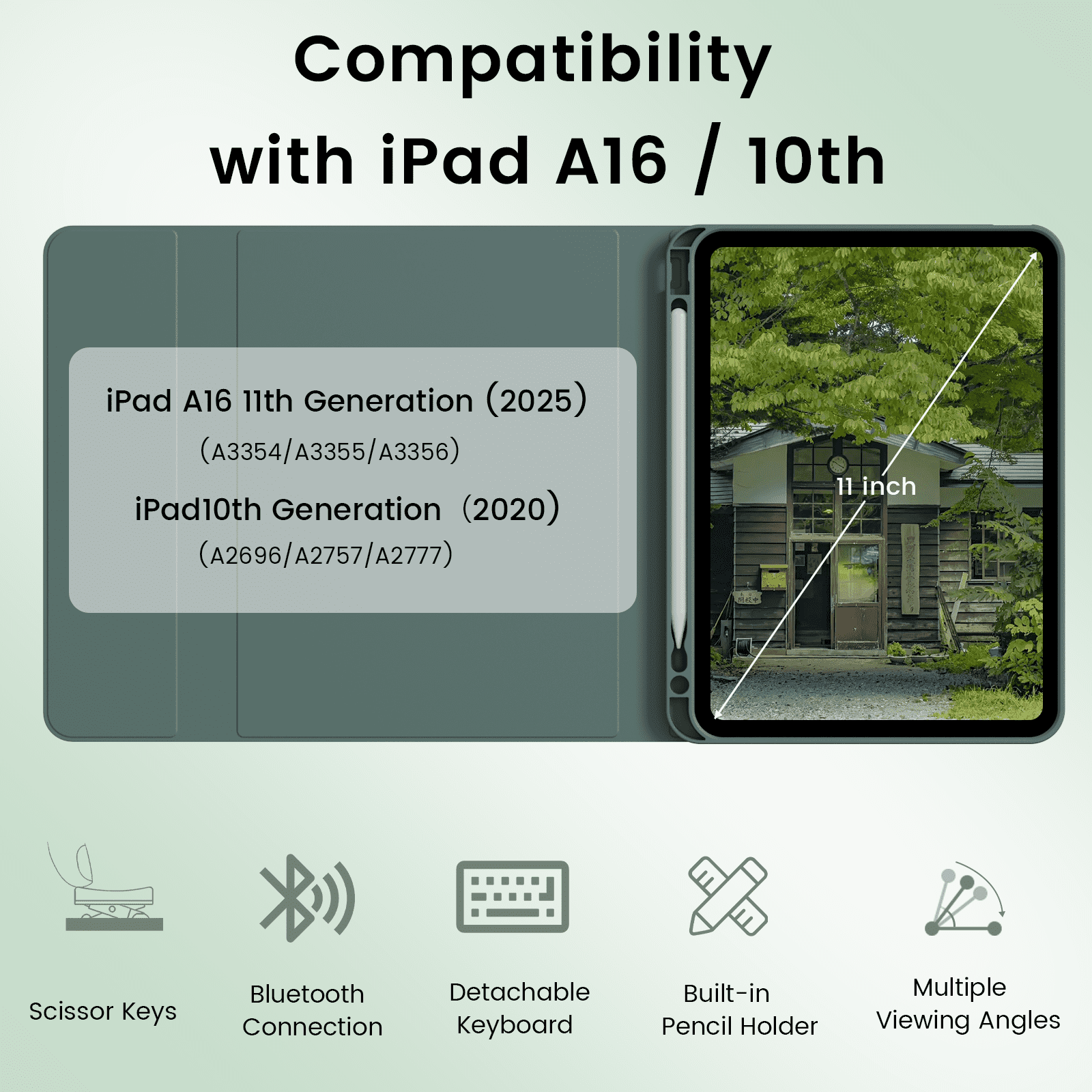 SZPSGC for iPad A16 11th 10th Generation Case with Keyboard, Soft TPU Back Cover with Pencil Holder, Magnetically Detachable Folio Keyboard case for iPad 11th Gen 11 Inch/10th Gen 10.9 Inch,Green