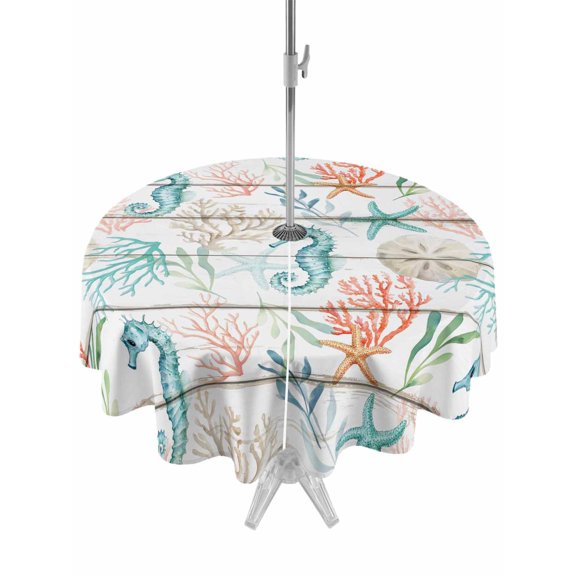 Outdoor Tablecloth with Umbrella Hole and Zipper, Teal Red Seahorse Coastal Round Table Cloth 60 Inch Waterproof Tablecloth, Vintage Nautical Beach Coral Starfish Picnic Table Cover for Patio Camping