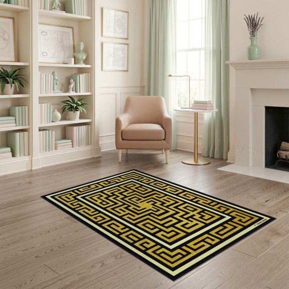 ODIKA Greek Geometric Key Fret Bordered Symmetry Meander Border Scroll Stain Resistant Low Profile for Dorm Room, Small Living Apartment