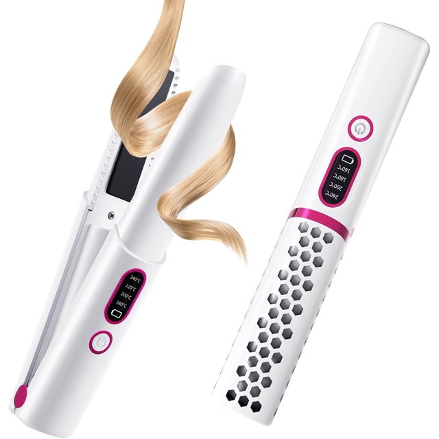 plancha de pelo inalámbrica, plancha plana inalámbrica portátil de 4800 mah, alisador de pelo recargable tipo c y rizador 2 en 1, 4 niveles ajustable placa flotante de calentamiento rápido para todo vista frontal y lateral de la plancha blanca con detalles rosados; cuerpo cilíndrico ultraligero con pantalla digital y botón de encendido, placa flotante lisa y rejilla hexagonal en el mango, mechón rubio rizado para ejemplificar alisado y rizado; adecuada para viaje y uso sin cable, también suele emplearse como herramienta portátil para retoques rápidos de peinado.