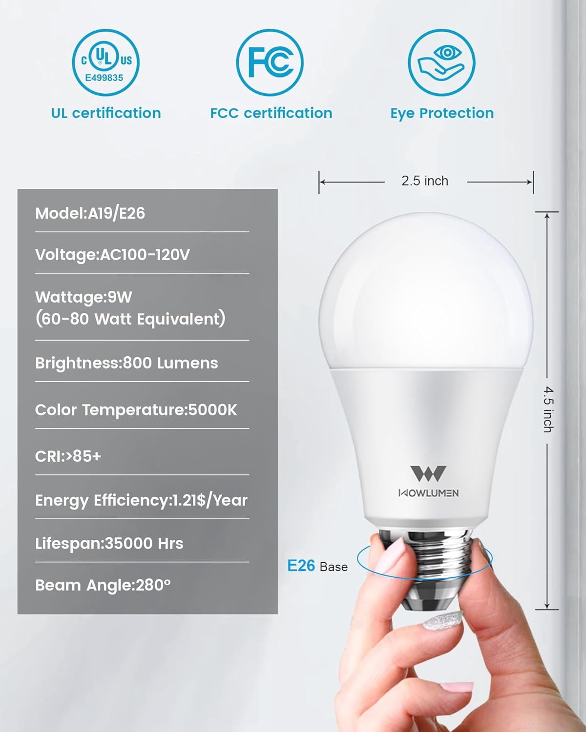 A19 LED , 9W E26 Lighting Bulbs(60 Watt Equivalent),5000K Cool White, 800LM Standard Base for Kitchen, Living Room, Corridor, Office, UL Listed, 4 Packs