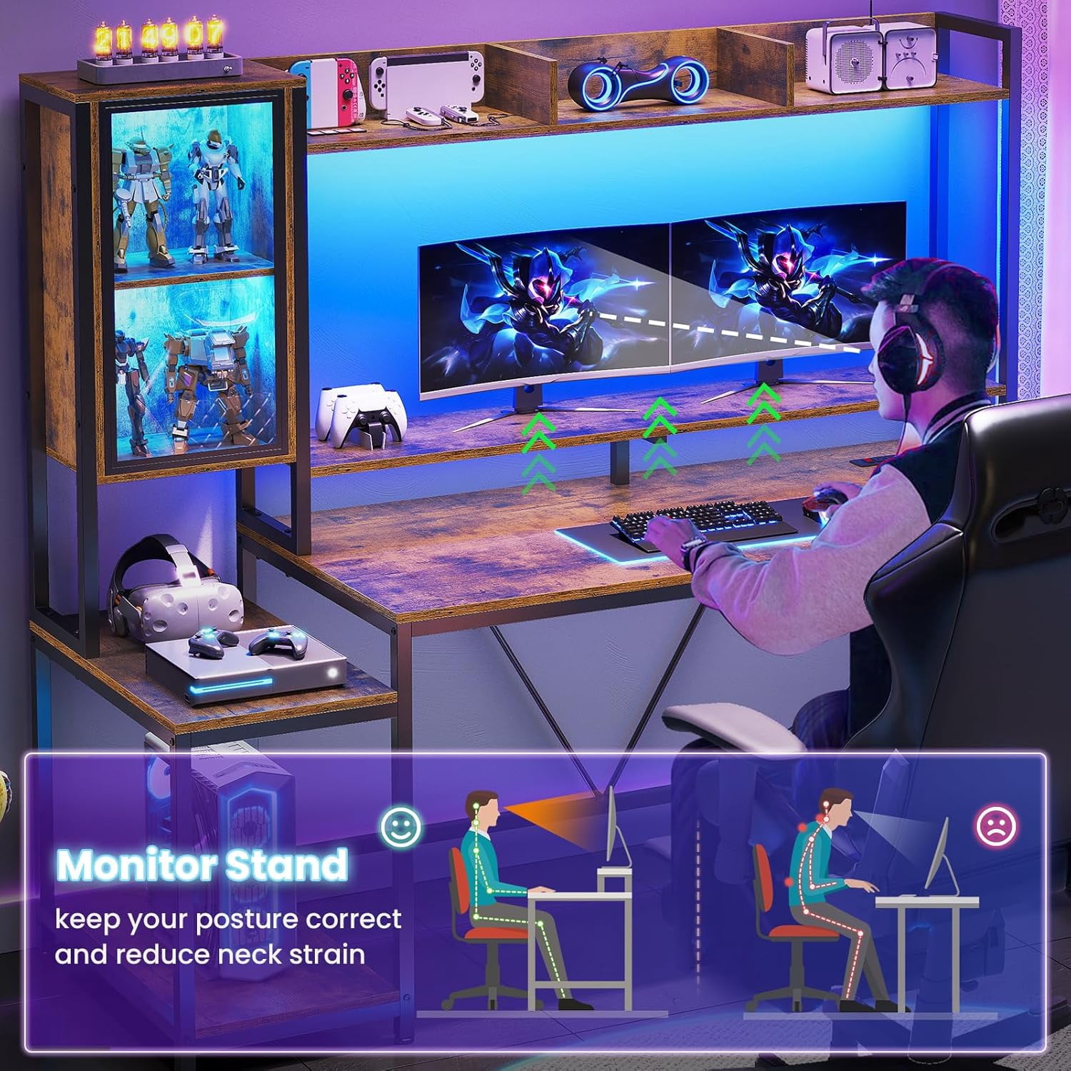 60 Inch Gaming Desk with LED Lights and Power Outlets, Computer Desk with Open Shelves, Large Corner Desk with Monitor Stand, Home Office Desk with Hutch, Rustic Brown