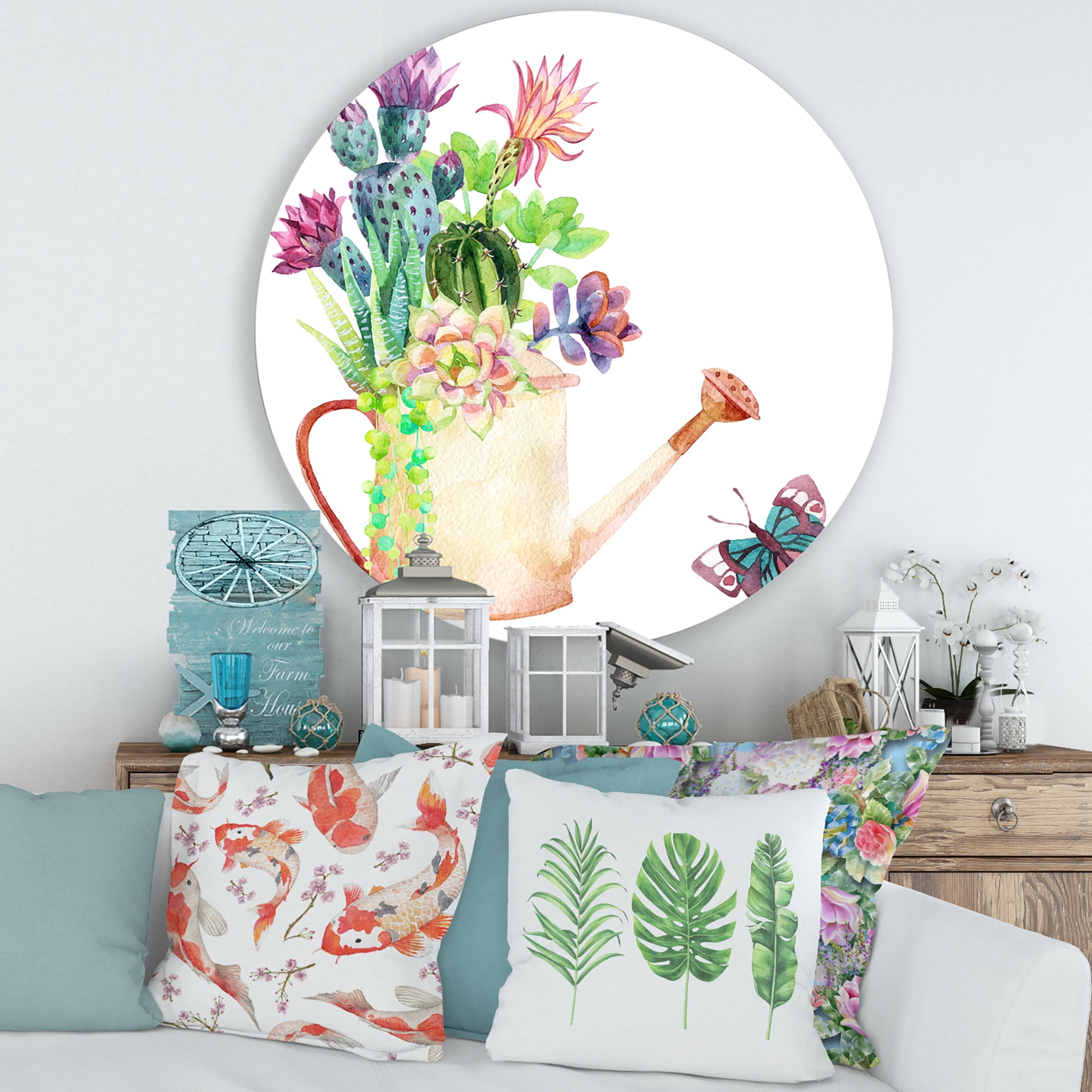 Designart 'Succulents In Old Watering Can With Butterfly' Farmhouse Circle Metal Wall Art 29x29 - Disc of 29