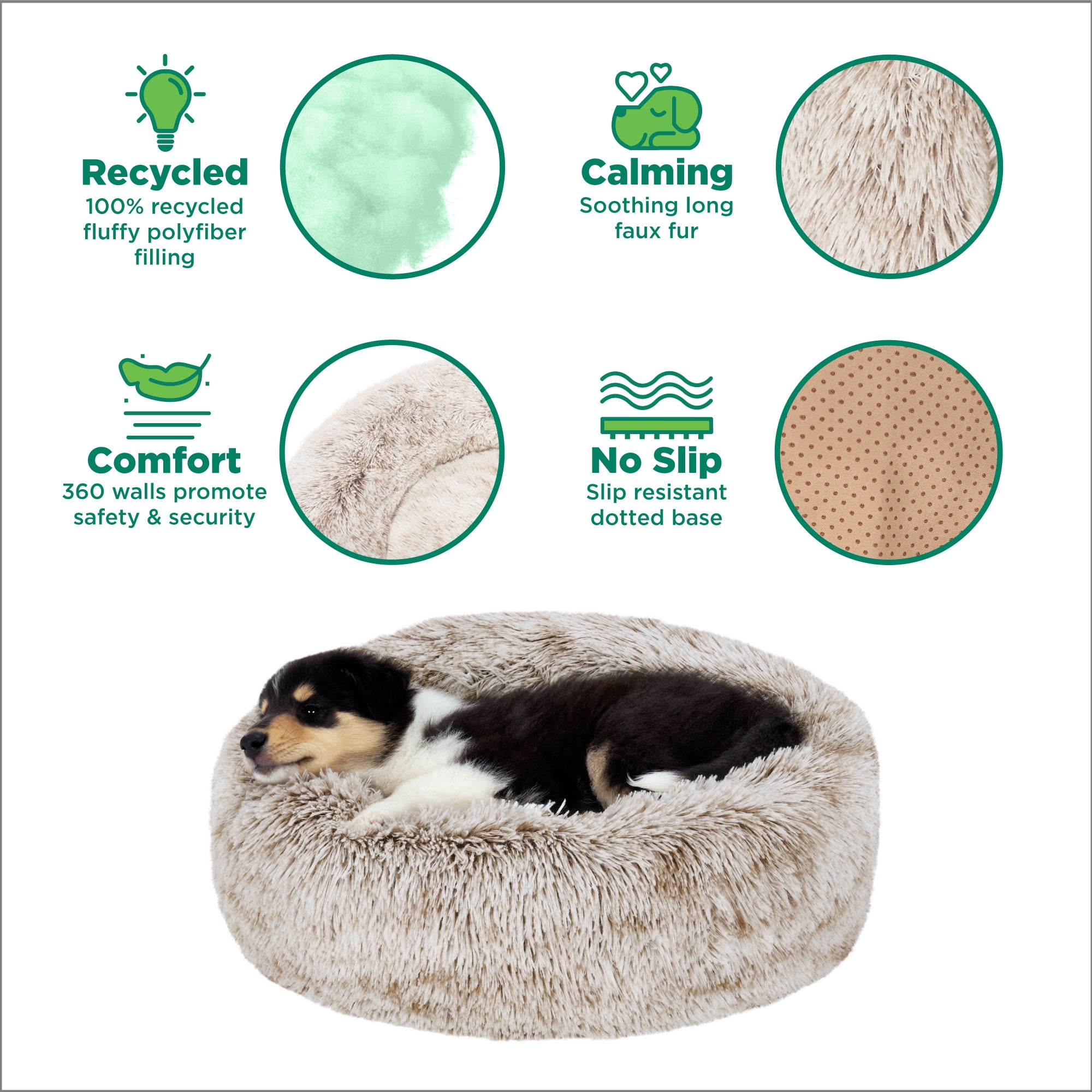Furhaven 45" Round Calming Donut Dog Bed with Washable & Removable Cover & Bolster - Shaggy Plush Long Faux Fur Ball Bed - Driftwood, For Dogs Up to 90 lbs, Jumbo/XL