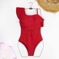 thumbnail image 6 of Lovzfmll One Piece Swimsuits for Women Crew Neck Solid One Shoulder Ruffle with Removable Pads, Dressy Spaghetti Straps Push-Up Open Back Slimming Bathing Suit, Red M, 6 of 9