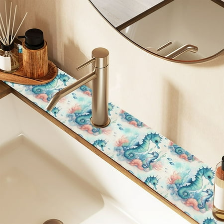 

Faucet Mat for Kitchen Sink 30 Sink Splash Guard Mat Super Absorbent Fast Drying Drain Pad Cute Seahorse and Seaweed